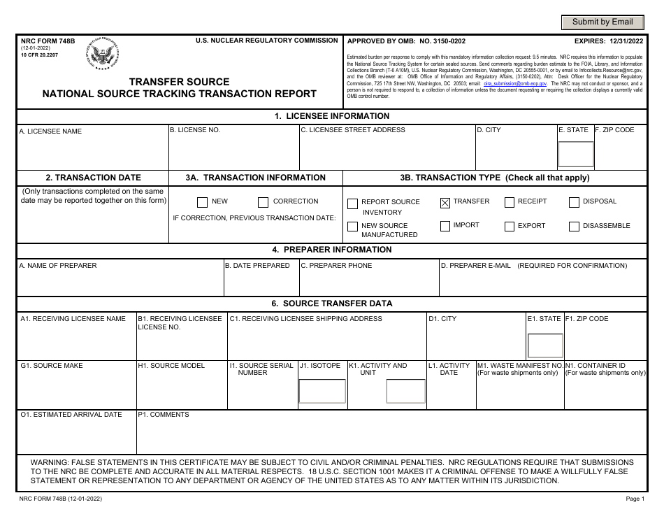 NRC Form 748B Transfer Source National Source Tracking Transaction Report, Page 1