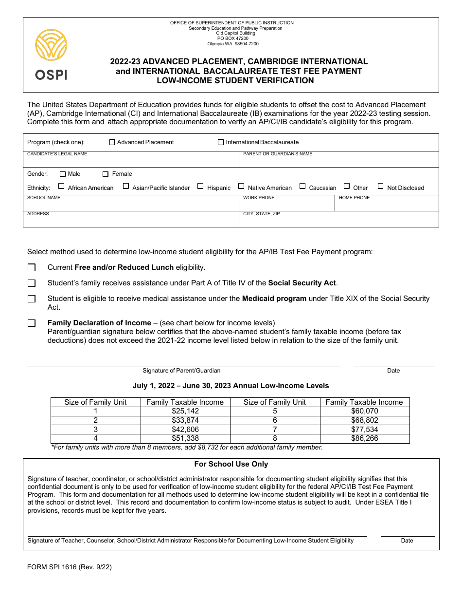 Form SPI1616 Advanced Placement, Cambridge International and International Baccalaureate Test Fee Payment Low-Income Student Verification - Washington, Page 1