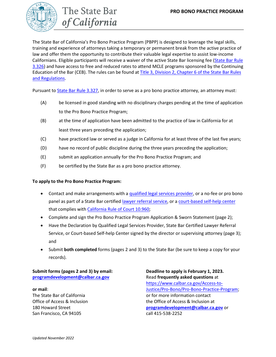 Application and Sworn Statement - Pro Bono Practice Program - California, Page 1