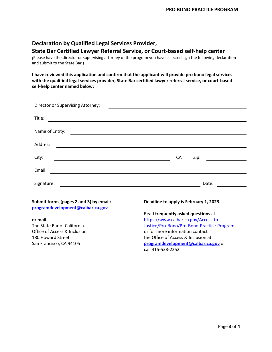 Application and Sworn Statement - Pro Bono Practice Program - California, Page 3
