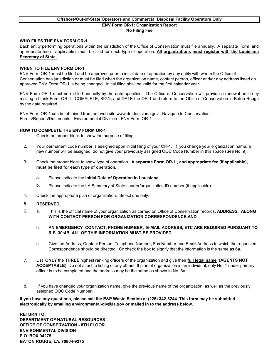 ENV Form OR-1 Organization Report for off-Shore / Out-of-State Operators  Commercial Disposal Facilities Only - Louisiana, Page 2