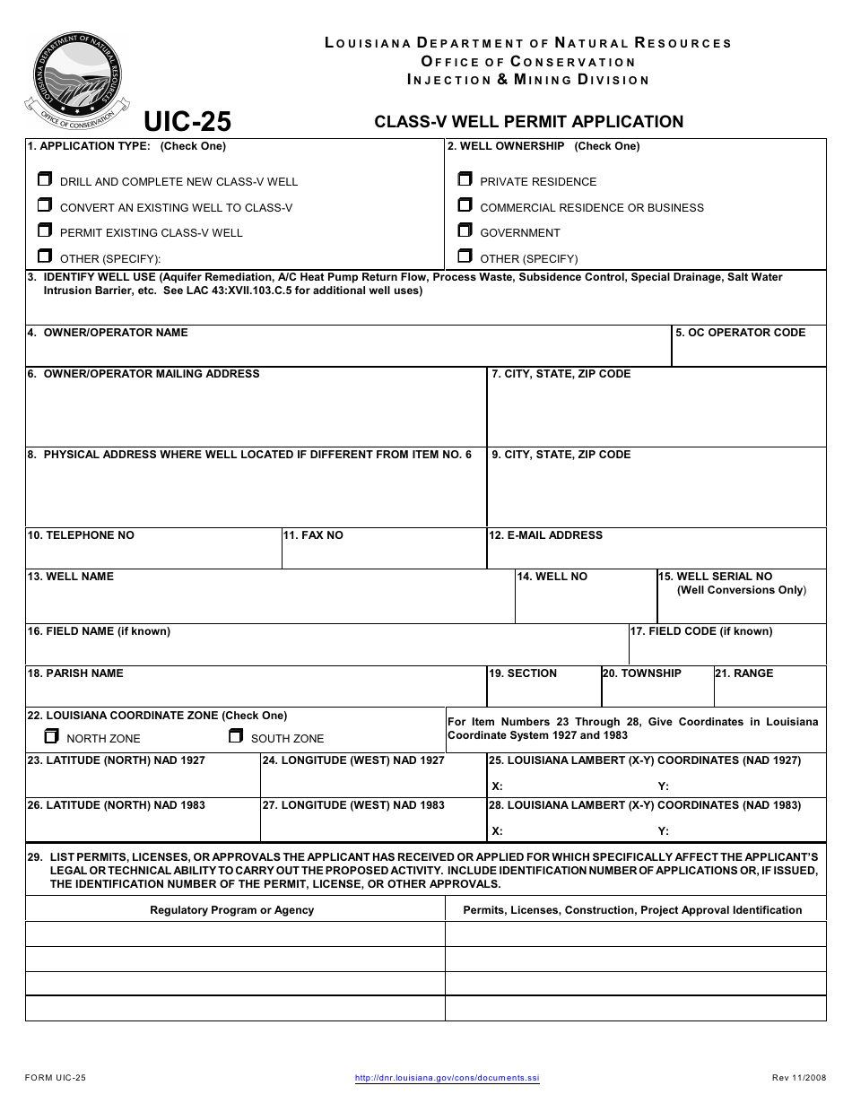 Form UIC-25 Class-V Well Permit Application - Louisiana, Page 1