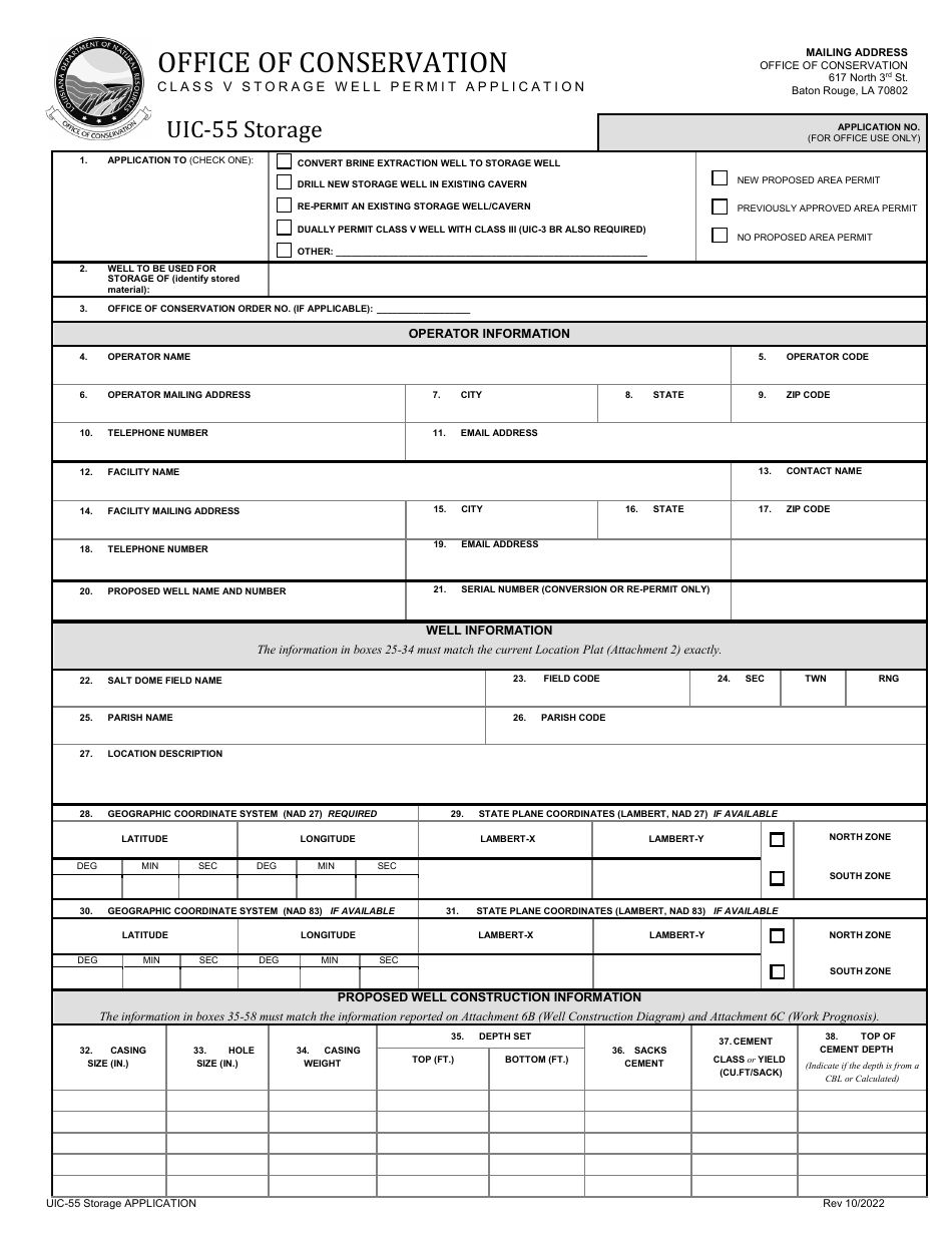 Form UIC-55 Class V Storage Well Application - Louisiana, Page 1