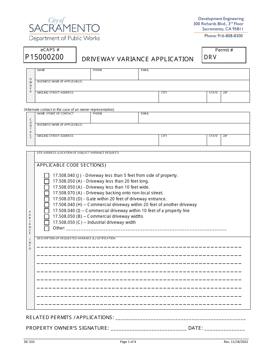 Form DE-310 Driveway Variance Application - Ctiy of Sacramento, California, Page 1