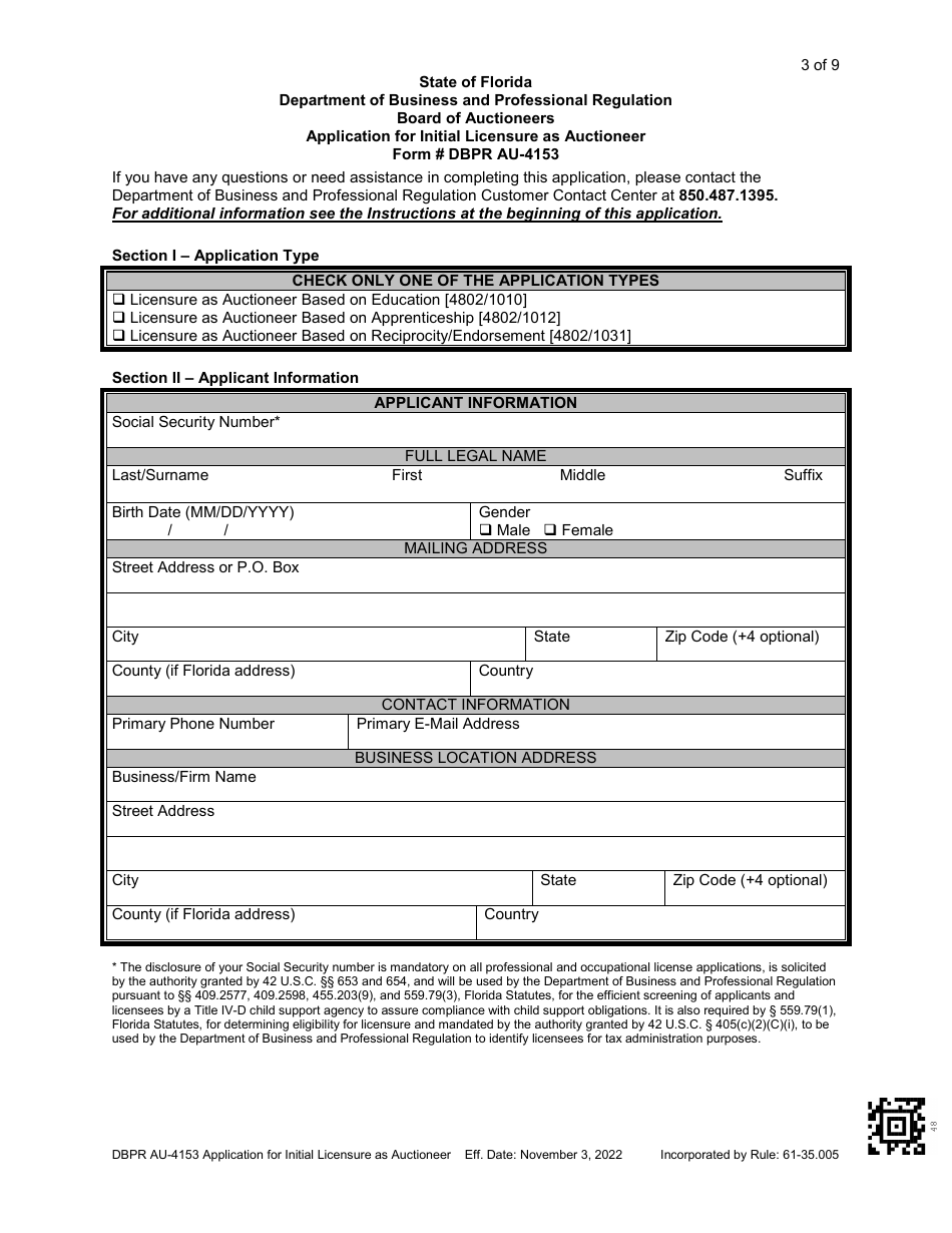 Form DBPR AU-4153 Application for Initial Licensure as Auctioneer - Florida, Page 3