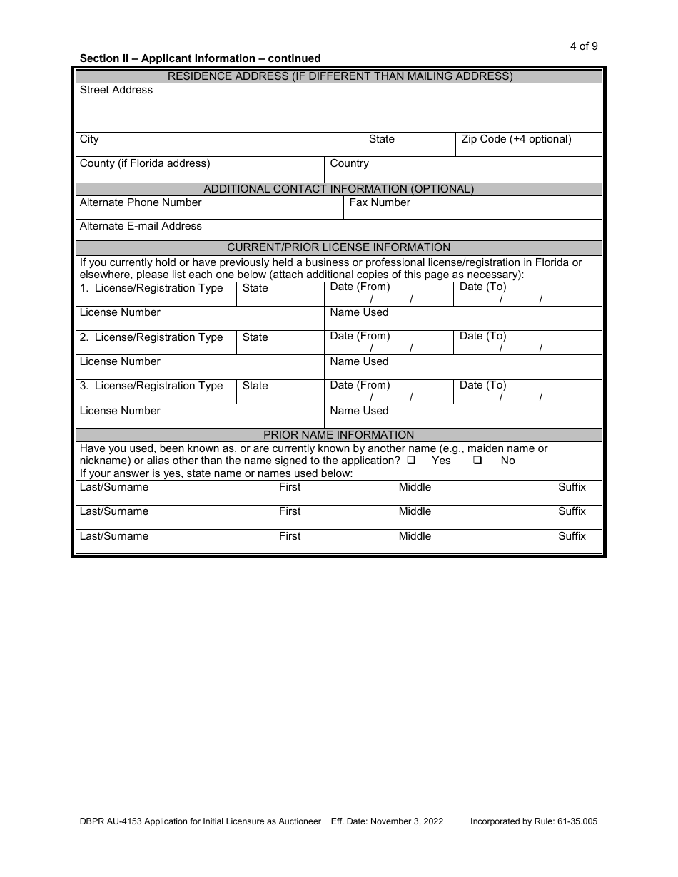 Form DBPR AU-4153 Application for Initial Licensure as Auctioneer - Florida, Page 4