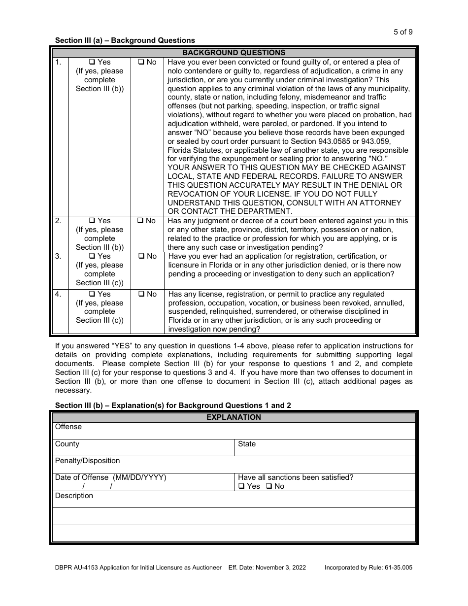 Form DBPR AU-4153 Application for Initial Licensure as Auctioneer - Florida, Page 5