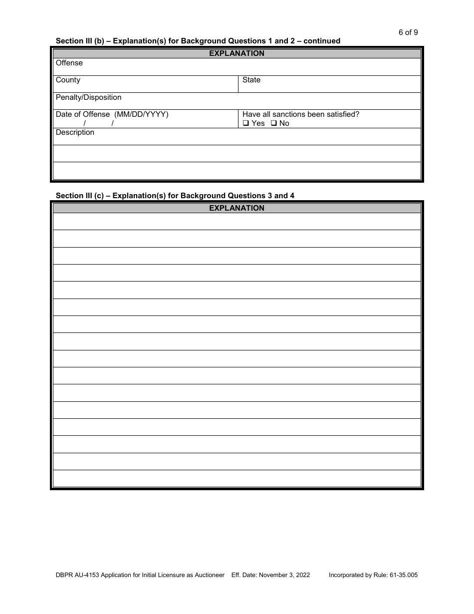 Form DBPR AU-4153 Application for Initial Licensure as Auctioneer - Florida, Page 6