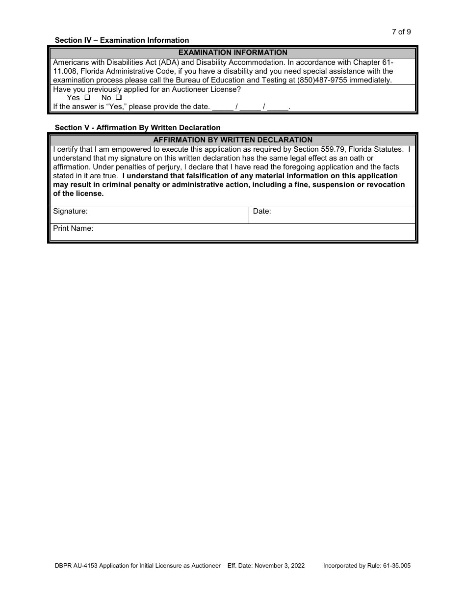 Form DBPR AU-4153 Application for Initial Licensure as Auctioneer - Florida, Page 7