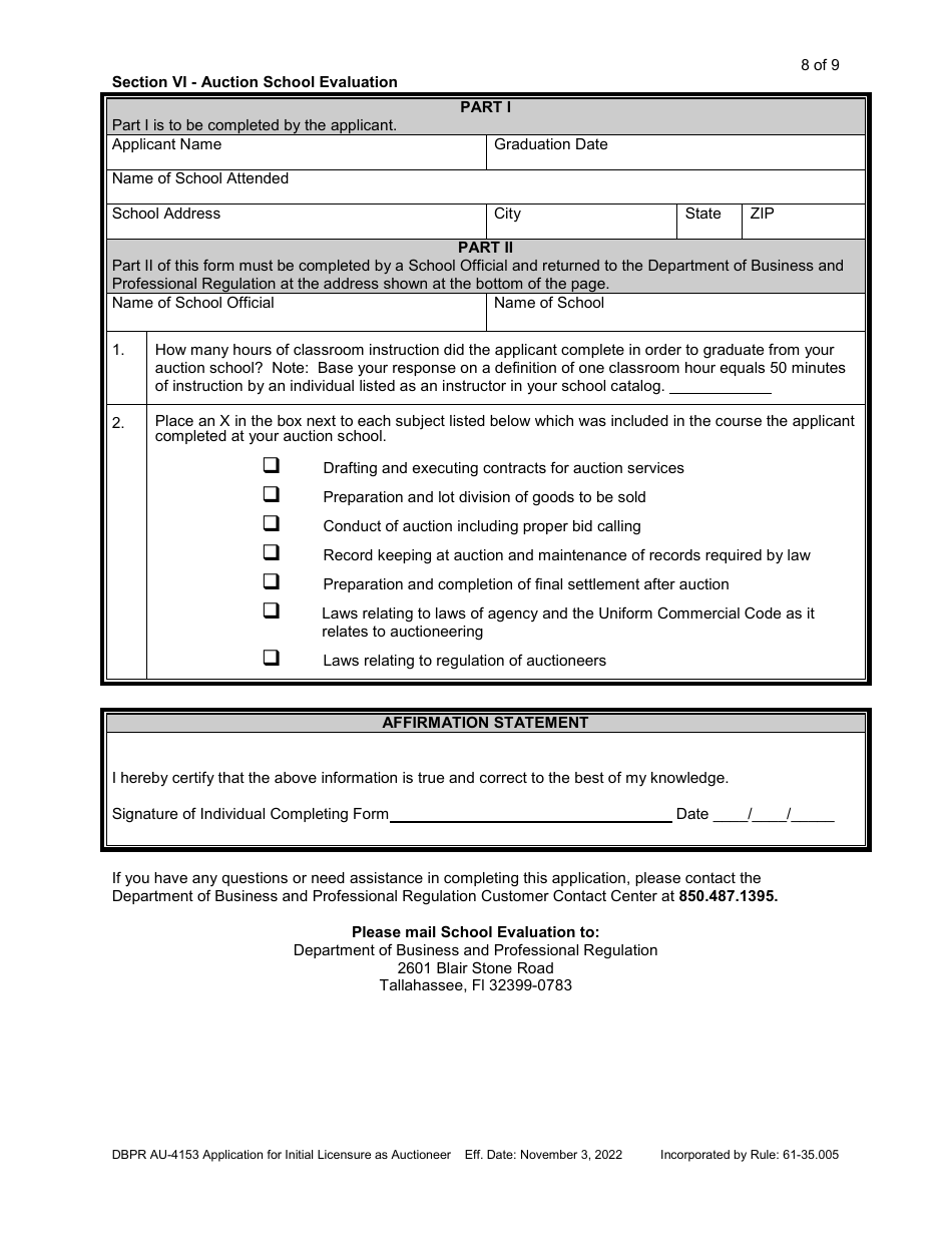 Form DBPR AU-4153 Application for Initial Licensure as Auctioneer - Florida, Page 8
