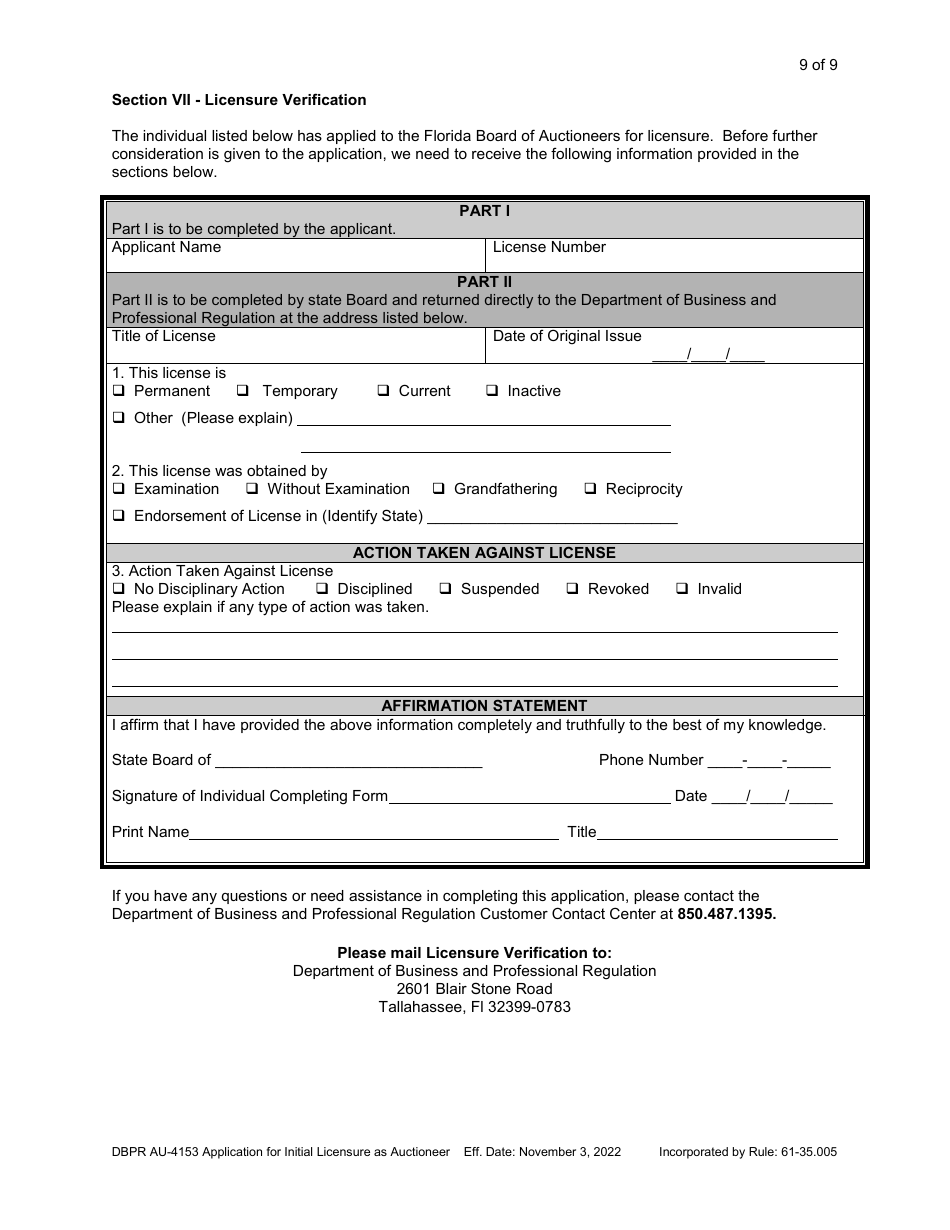 Form DBPR AU-4153 Application for Initial Licensure as Auctioneer - Florida, Page 9
