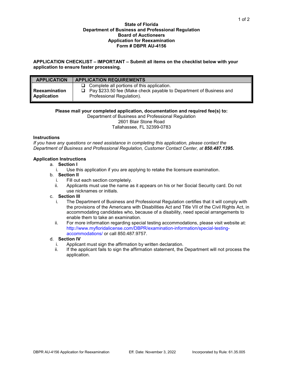 DBPR Form AU-4156 Application for Reexamination - Florida, Page 1