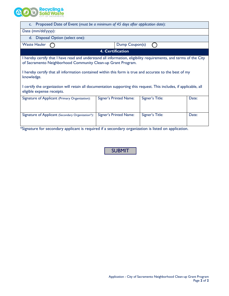 Neighborhood Clean-Up Grant Program Application - City of Sacramento, California, Page 2