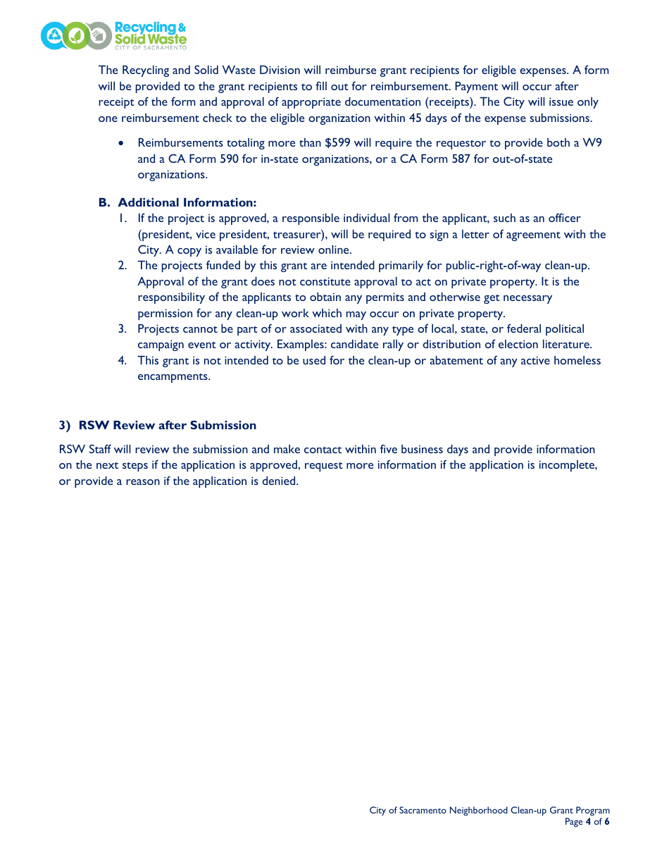 City of Sacramento Neighborhood Clean-Up Grant Program Application - City of Sacramento, California, Page 4