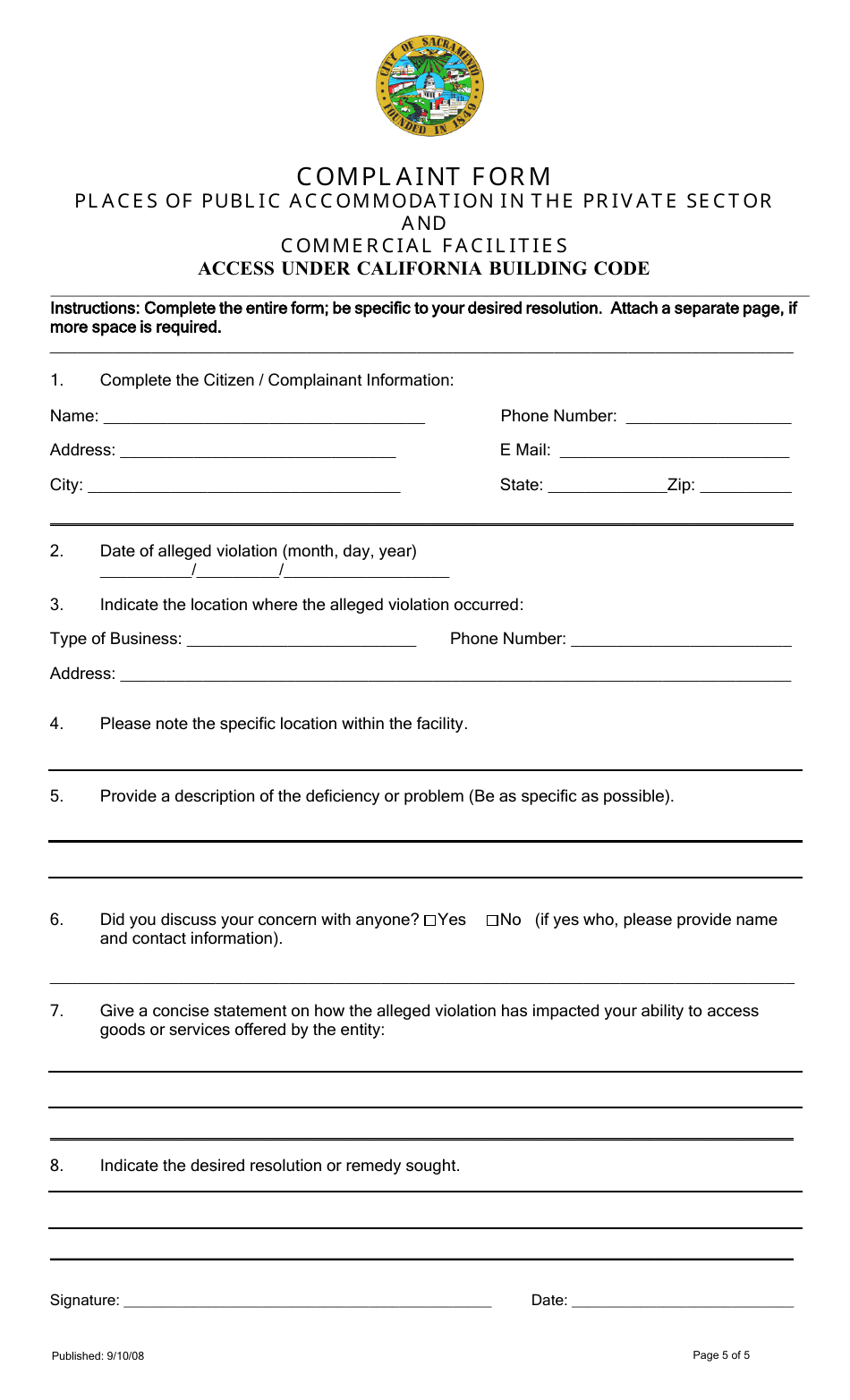 Places of Public Access Complaint Form - City of Sacramento, California, Page 5