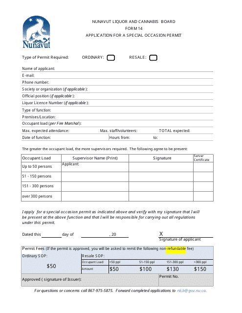 Form 14 Application for a Special Occasion Permit - Nunavut, Canada