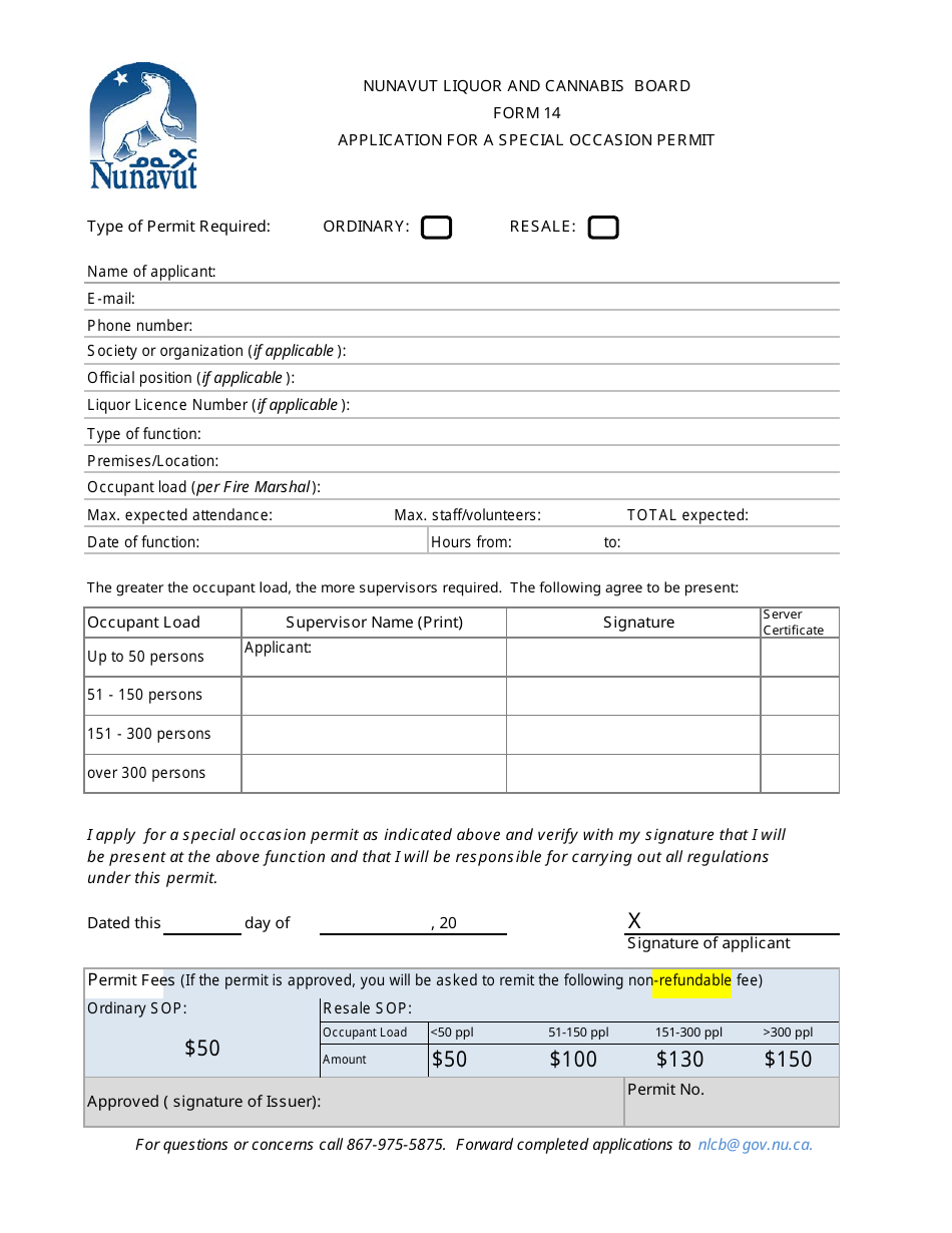 Form 14 Application for a Special Occasion Permit - Nunavut, Canada, Page 1