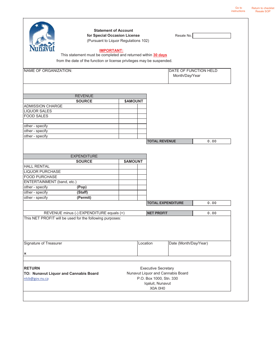 Nunavut Canada Statement of Account for Special Occasion License Fill