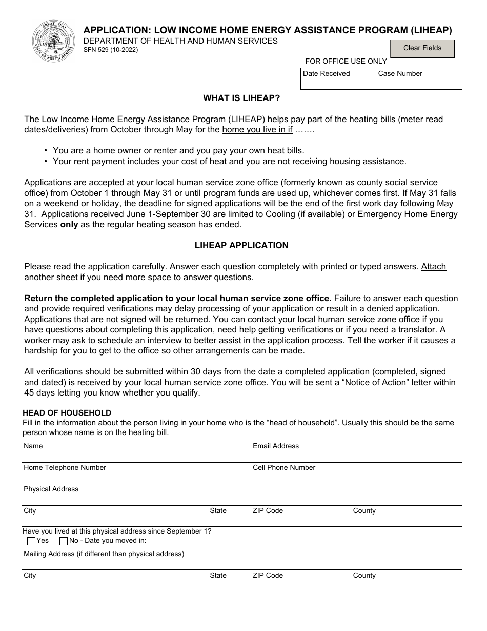 Form SFN529 Application: Low Income Home Energy Assistance Program (Liheap) - North Dakota, Page 1