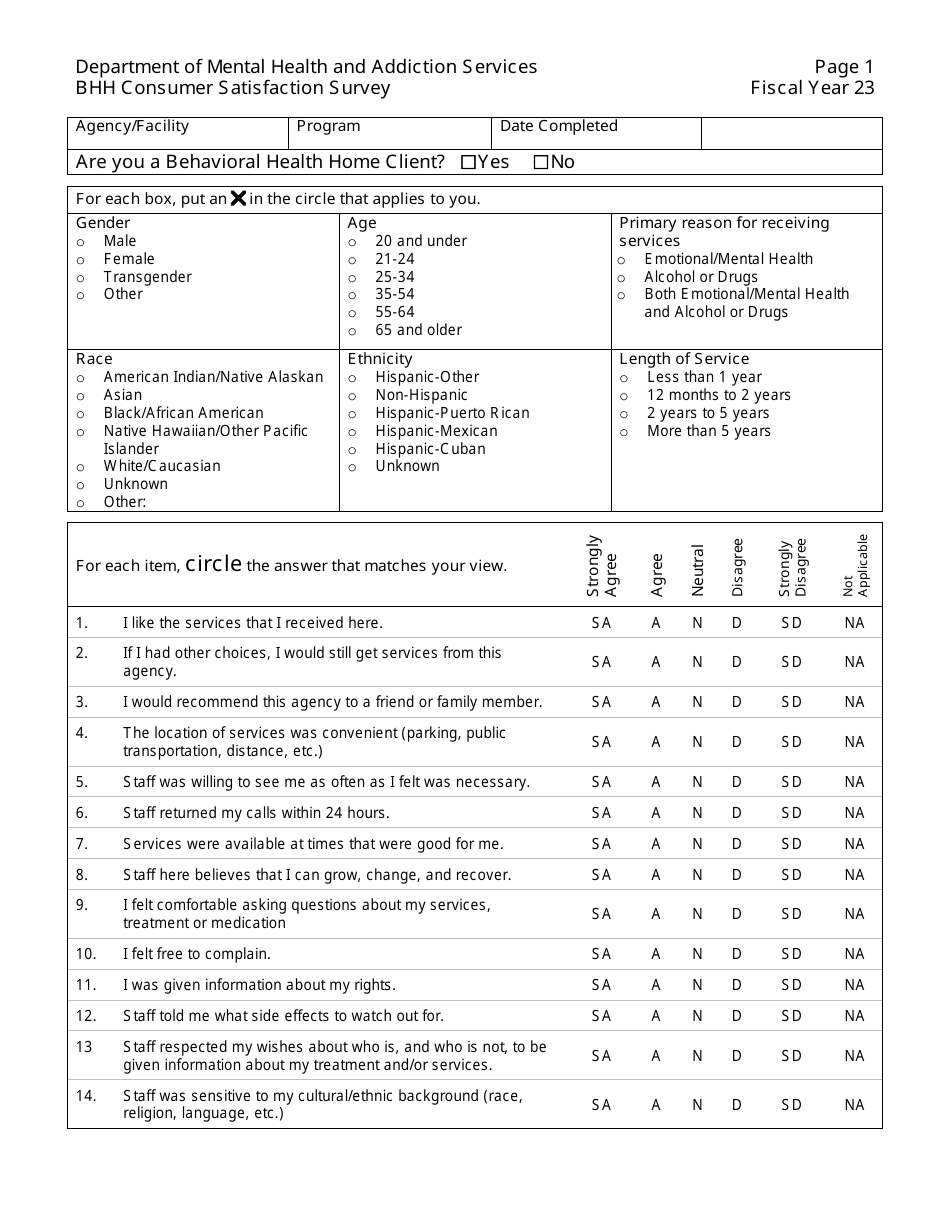 Behavioral Health Home Consumer Satisfaction Survey - Connecticut, Page 1