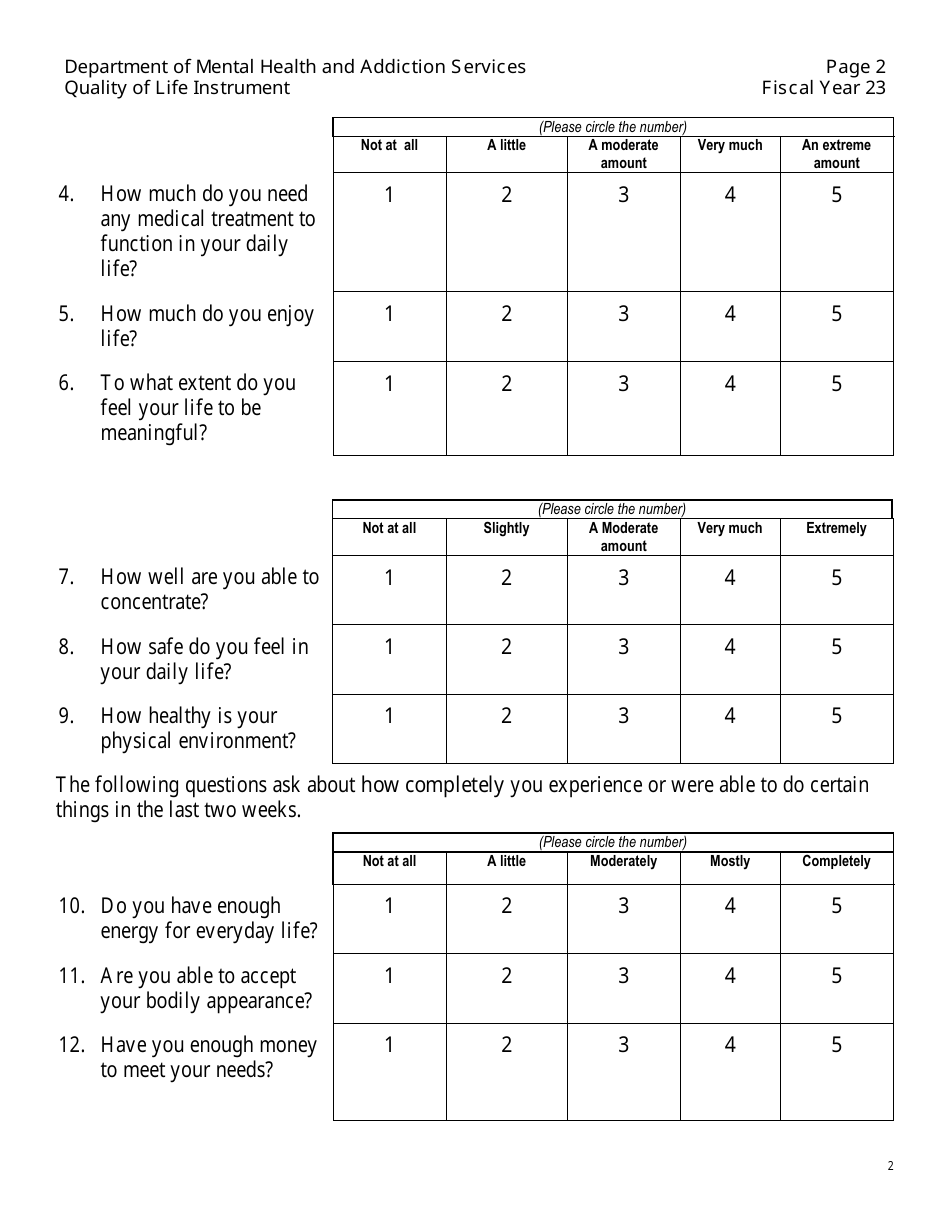 Quality of Life Instrument - Connecticut, Page 2