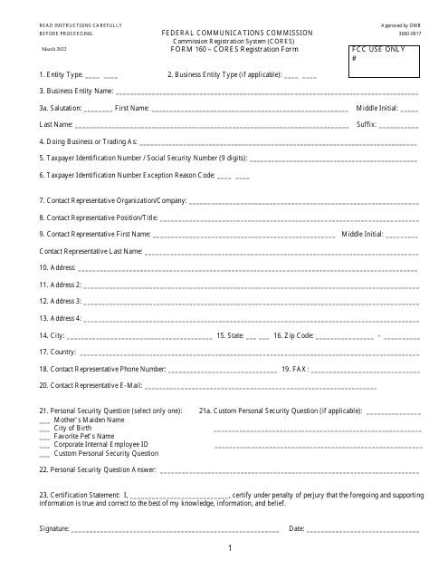 FCC Form 160 Cores Registration Form