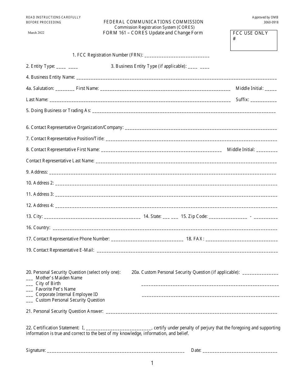 FCC Form 161 Cores Update / Change Form, Page 1