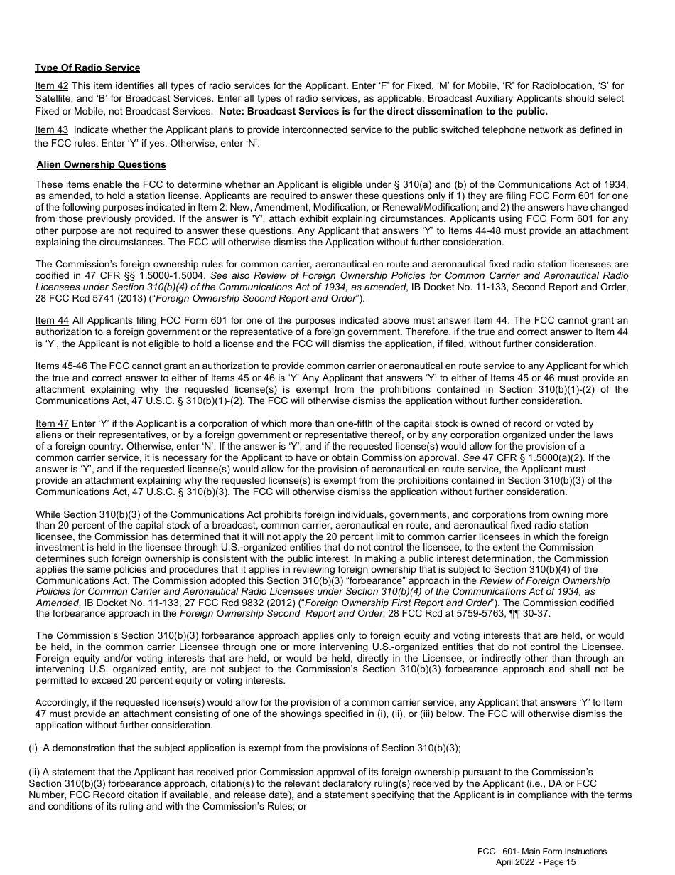 FCC Form 601 Application for Wireless Telecommunications Bureau Radio Service Authorization - Main Form, Page 15