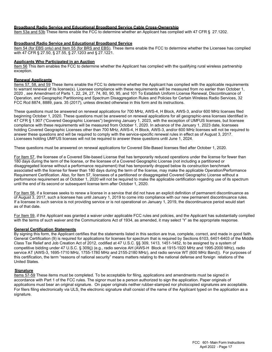 FCC Form 601 Application for Wireless Telecommunications Bureau Radio Service Authorization - Main Form, Page 17
