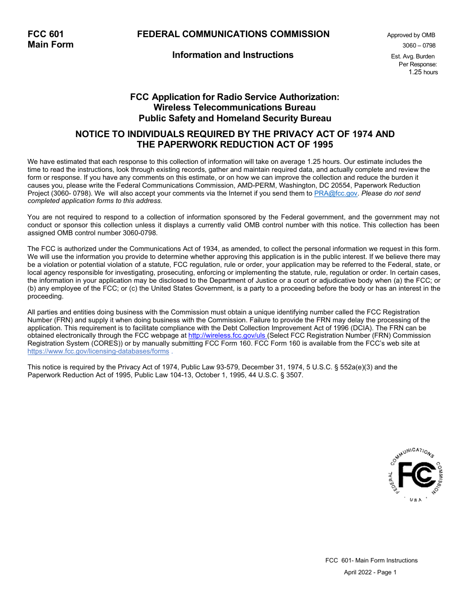 FCC Form 601 Application for Wireless Telecommunications Bureau Radio Service Authorization - Main Form, Page 1