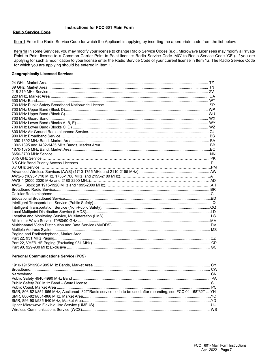 FCC Form 601 Application for Wireless Telecommunications Bureau Radio Service Authorization - Main Form, Page 7