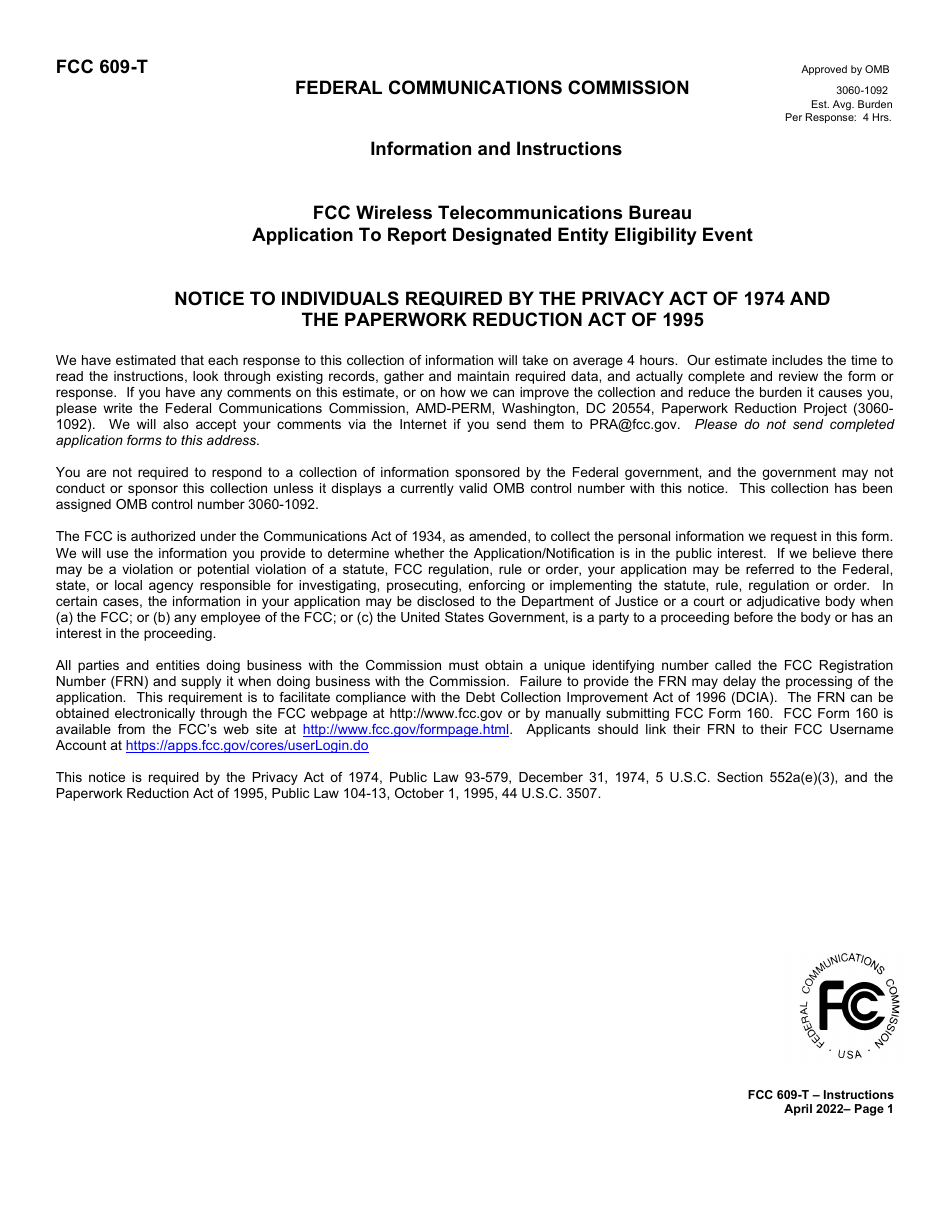 FCC Form 609-T Application to Report Eligibility Event, Page 1