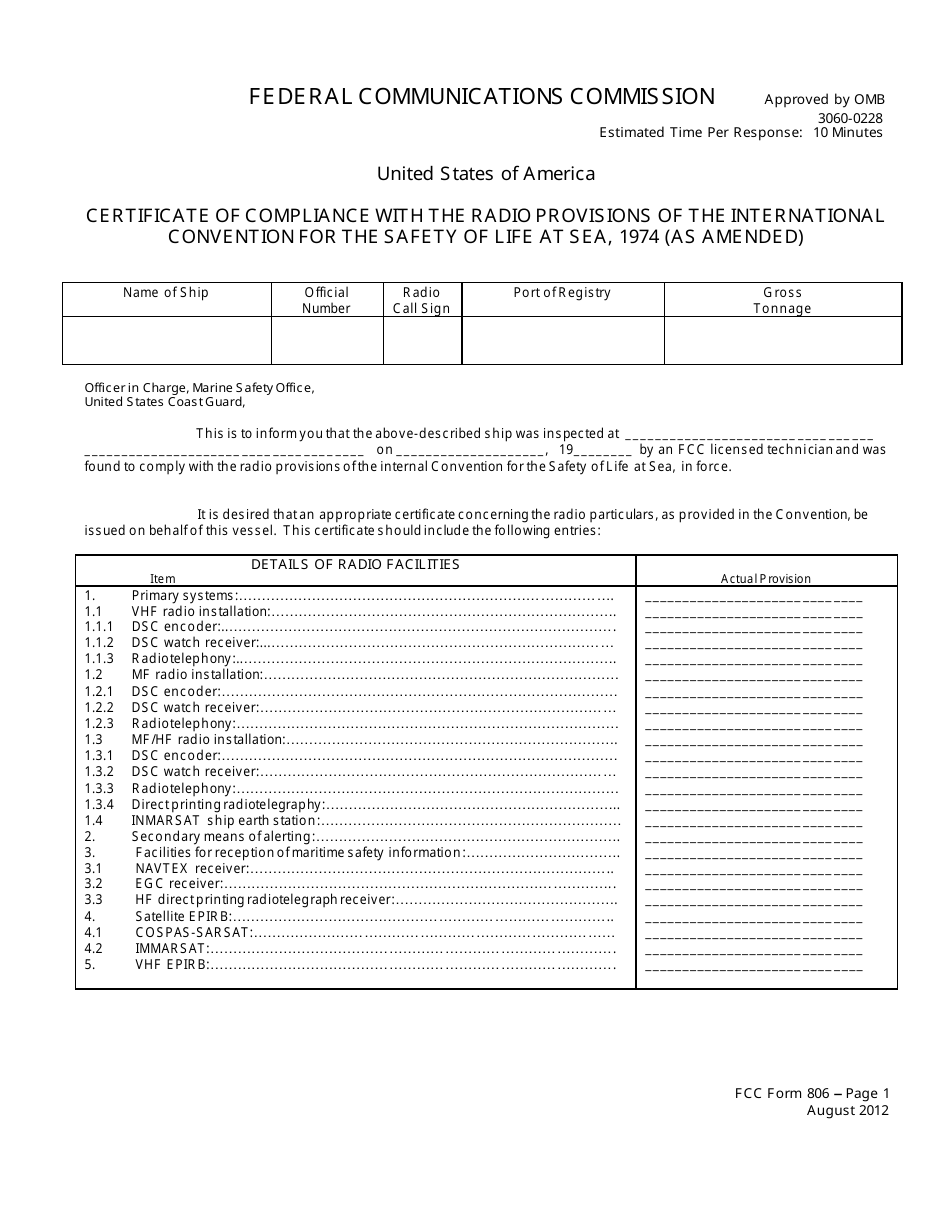 FCC Form 806 Certificate of Compliance With the Radio Provisions of the International Convention for the Safety of Life at Sea, 1974 (As Amended), Page 1