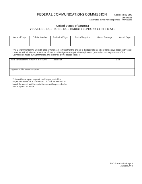 FCC Form 827 Vessel Bridge-To-Bridge Radiotelephony Certificate