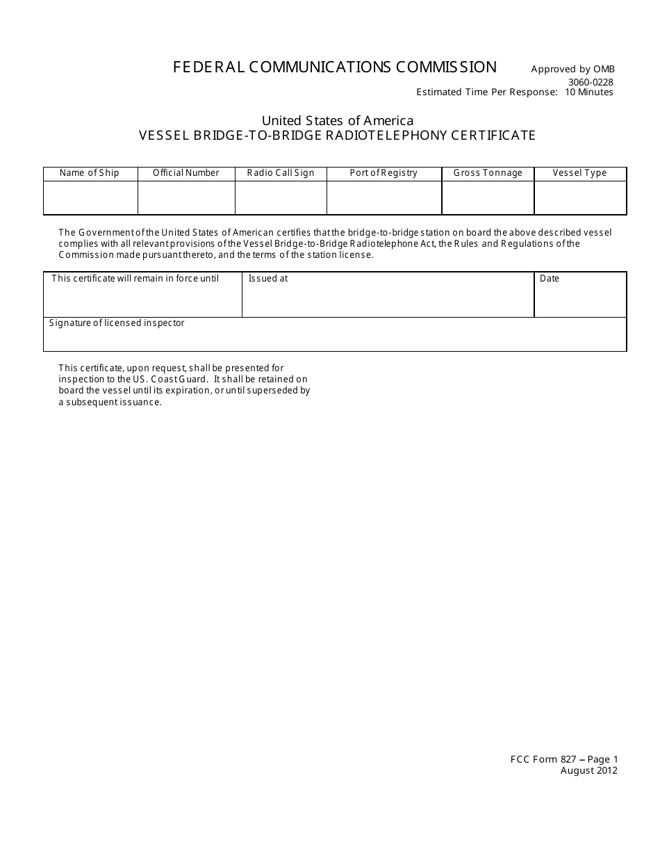 FCC Form 827 Vessel Bridge-To-Bridge Radiotelephony Certificate, Page 1