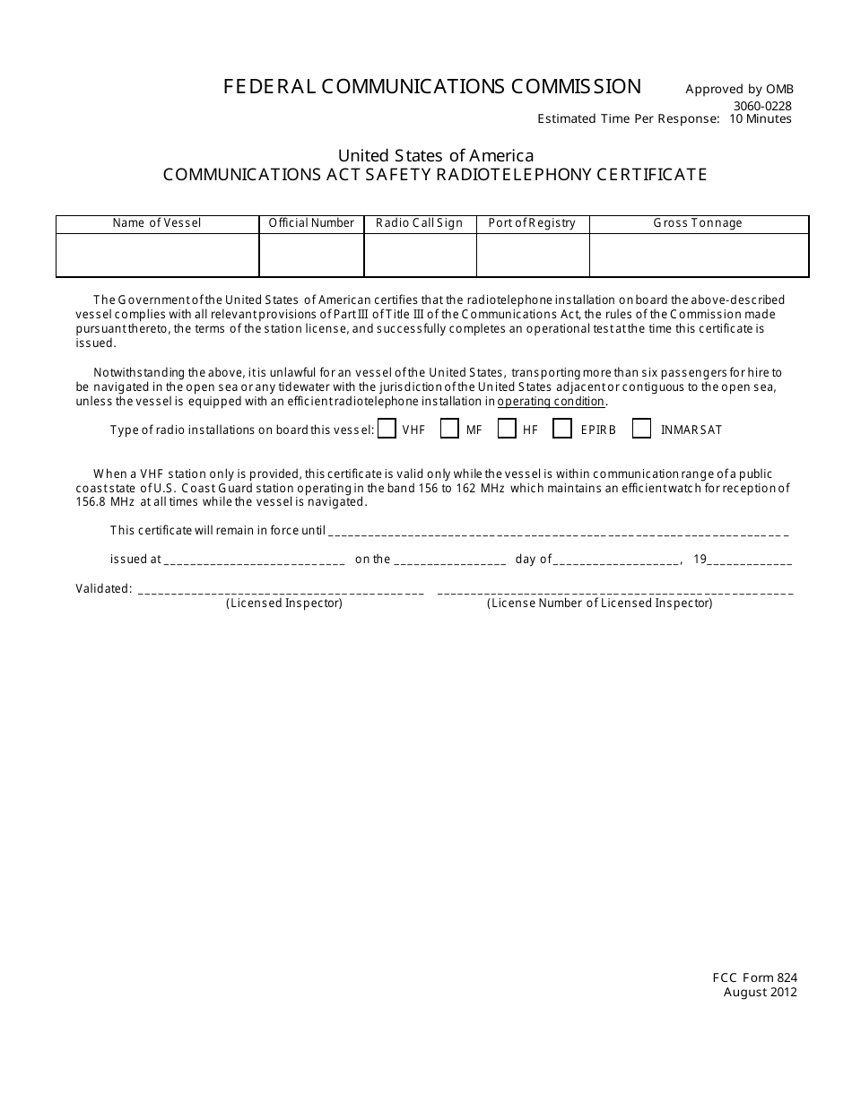 FCC Form 824 Communications Act Safety Radiotelephony Certificate, Page 1