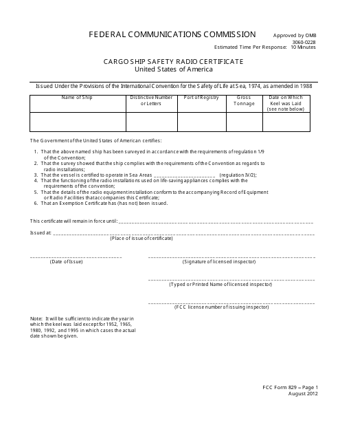 FCC Form 829 Cargo Ship Safety Radio Certificate