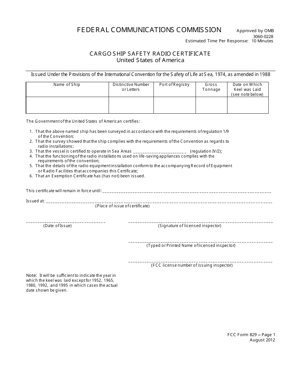 FCC Form 829 Cargo Ship Safety Radio Certificate, Page 1
