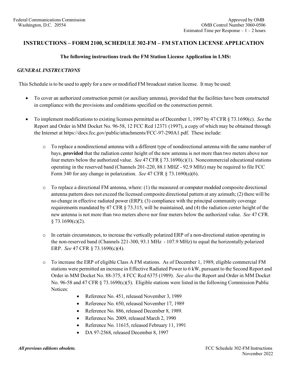 Download Instructions for FCC Form 2100 Schedule 302FM Fm Station