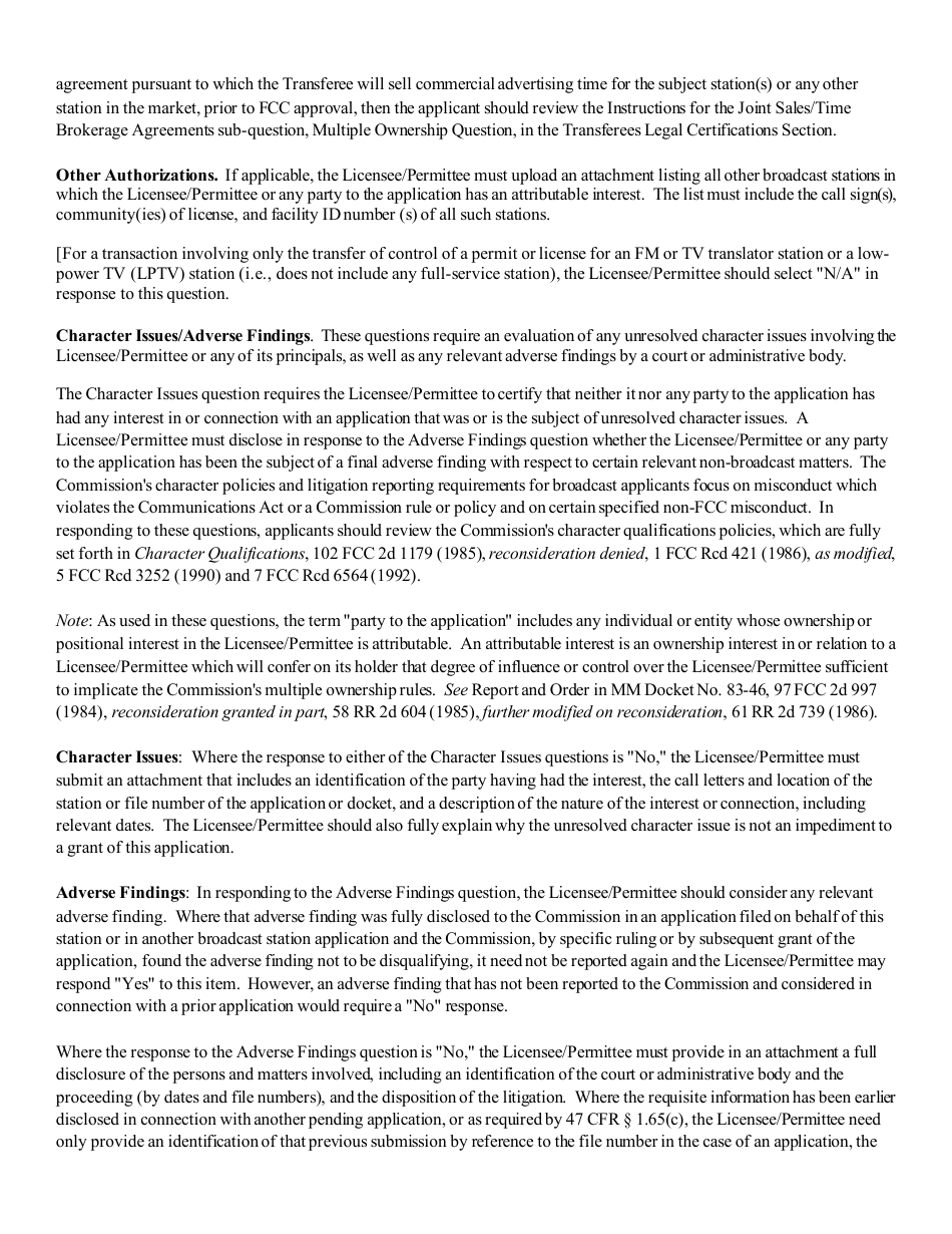 Instructions for FCC Form 2100 Schedule 315 Application for Consent to Transfer Control of Entity Holding Broadcast Station Construction Permit or License, Page 10