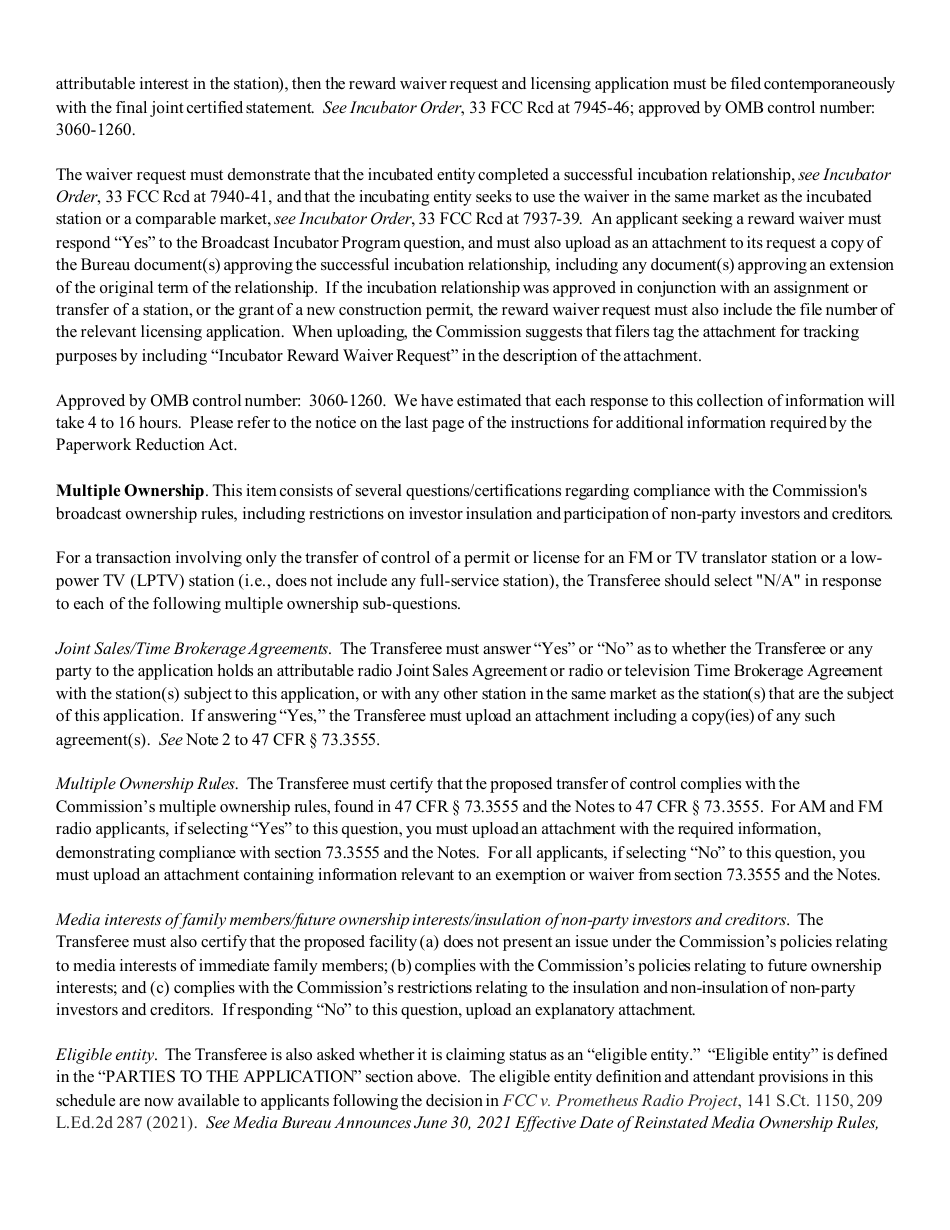 Instructions for FCC Form 2100 Schedule 315 Application for Consent to Transfer Control of Entity Holding Broadcast Station Construction Permit or License, Page 20