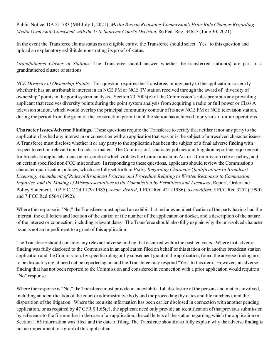 Instructions for FCC Form 2100 Schedule 315 Application for Consent to Transfer Control of Entity Holding Broadcast Station Construction Permit or License, Page 21