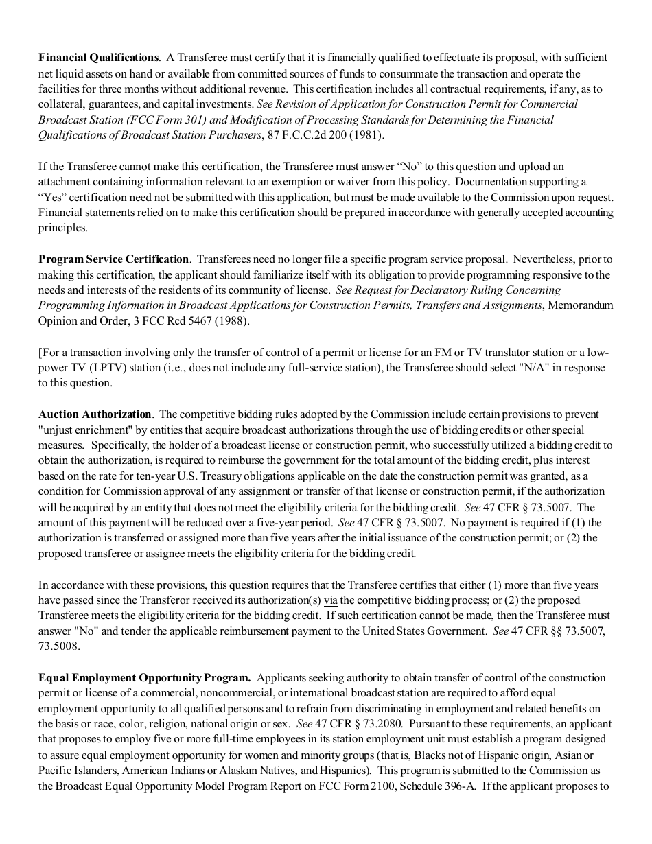 Instructions for FCC Form 2100 Schedule 315 Application for Consent to Transfer Control of Entity Holding Broadcast Station Construction Permit or License, Page 22