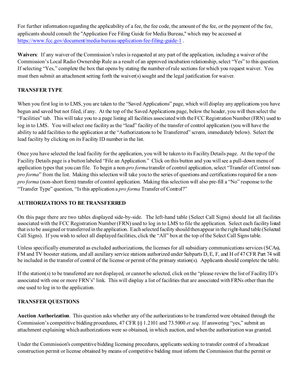 Instructions for FCC Form 2100 Schedule 315 Application for Consent to Transfer Control of Entity Holding Broadcast Station Construction Permit or License, Page 5