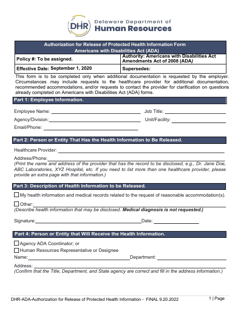 Authorization for Release of Protected Health Information Form - Americans With Disabilities Act (Ada) - Delaware Download Pdf