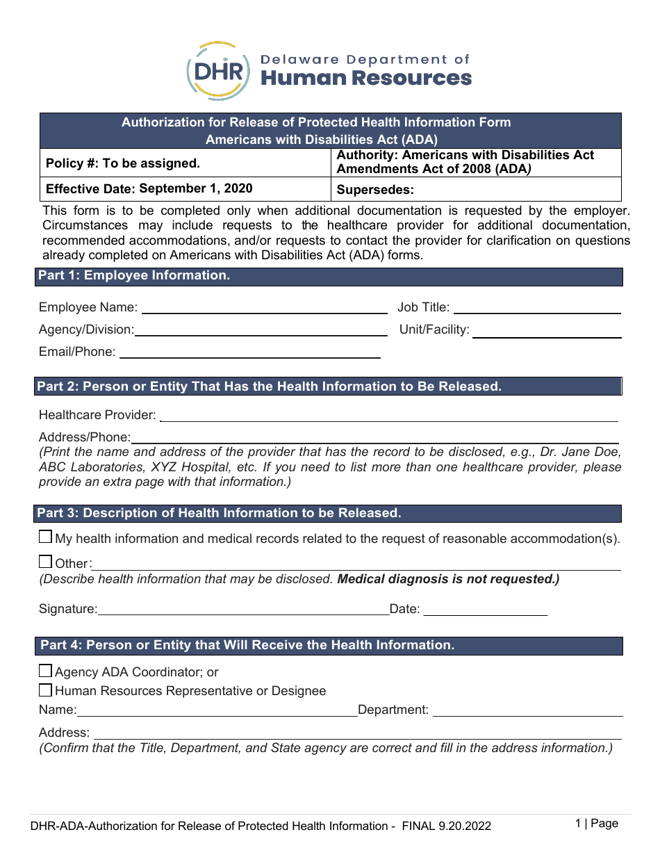 Authorization for Release of Protected Health Information Form - Americans With Disabilities Act (Ada) - Delaware, Page 1
