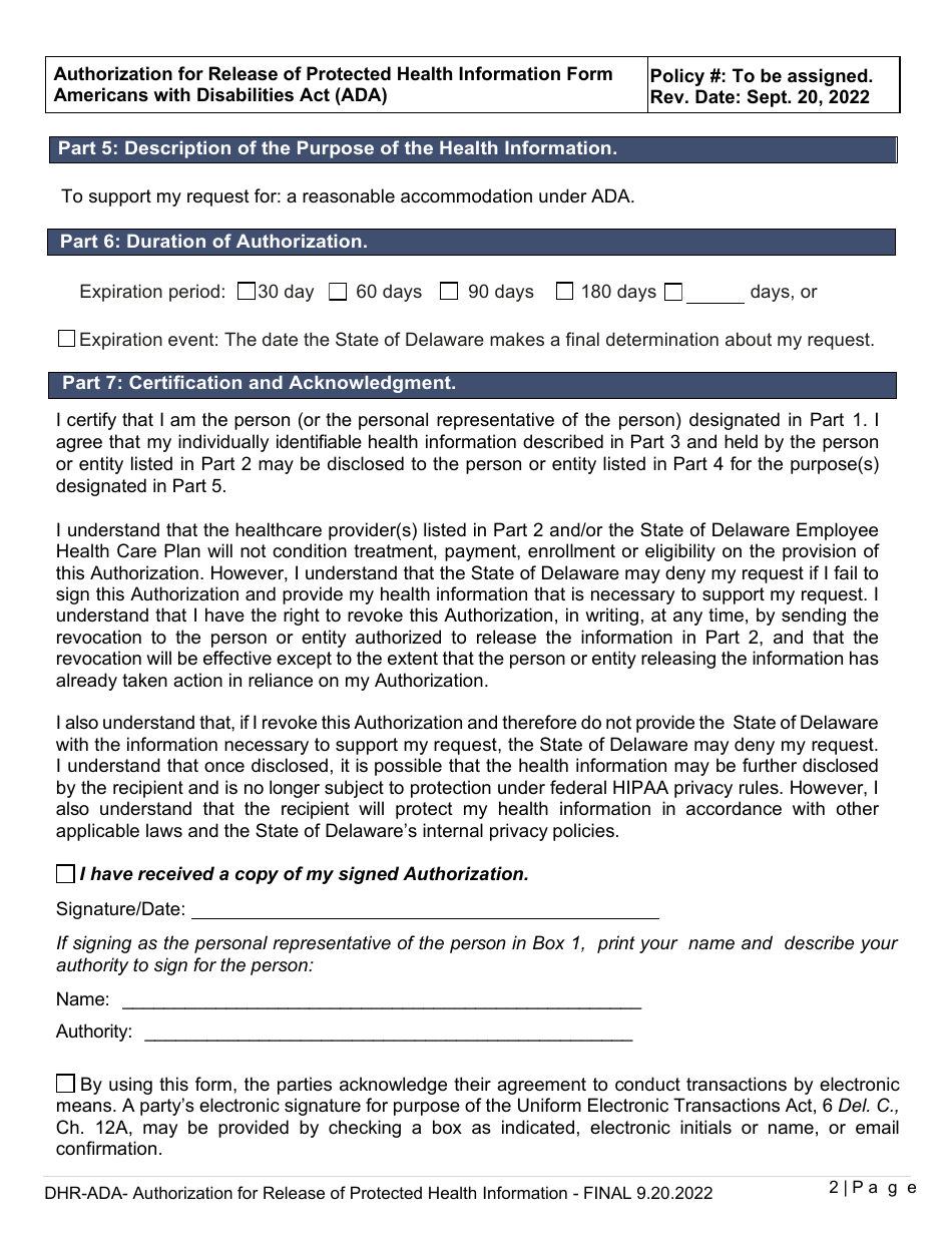 Authorization for Release of Protected Health Information Form - Americans With Disabilities Act (Ada) - Delaware, Page 2
