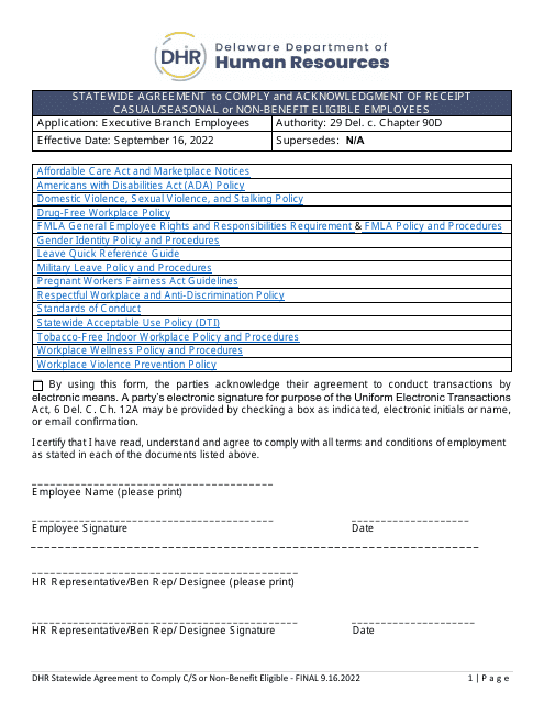 Statewide Agreement to Comply and Acknowledgment of Receipt Casual / Seasonal or Non-benefit Eligible Employees - Delaware Download Pdf