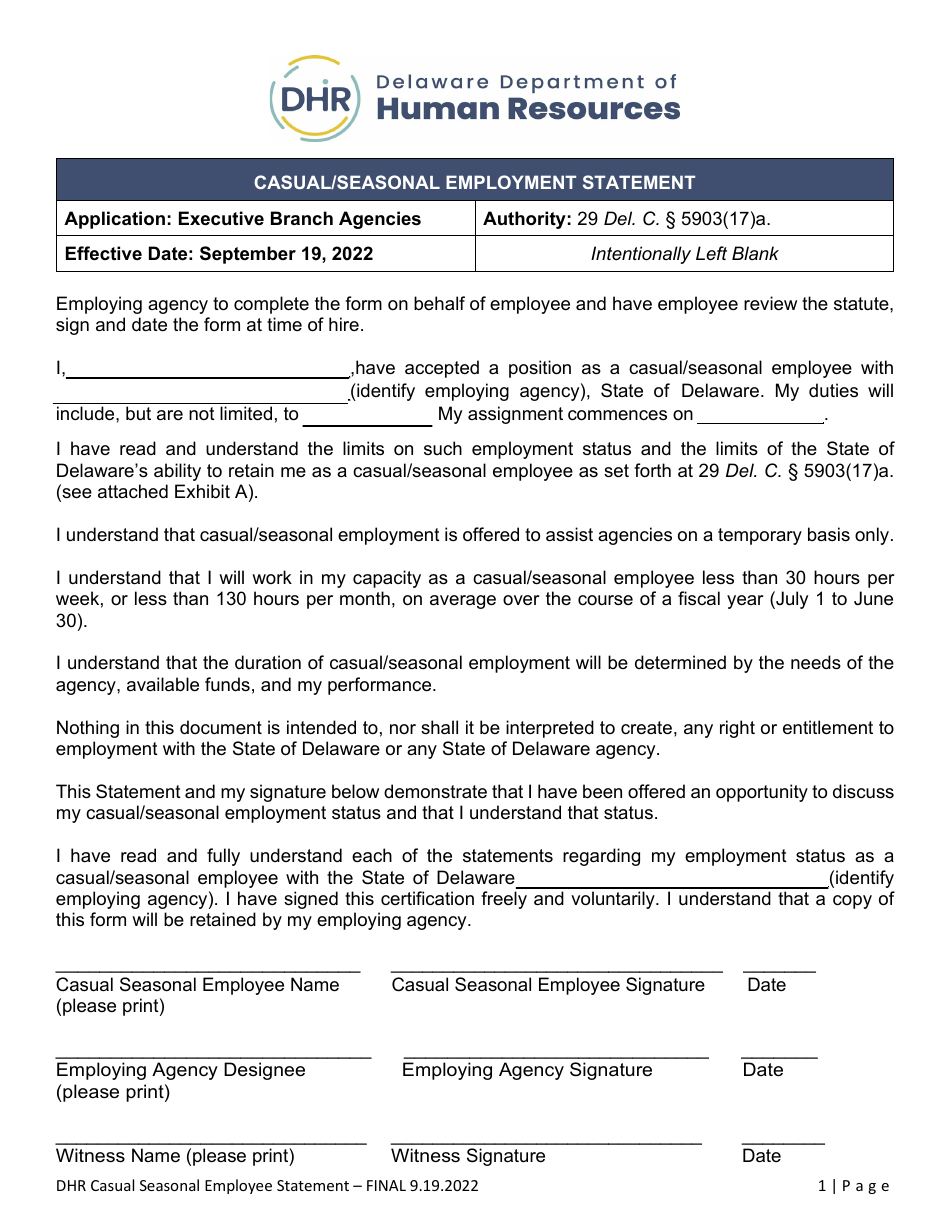 Casual / Seasonal Employment Statement - Delaware, Page 1