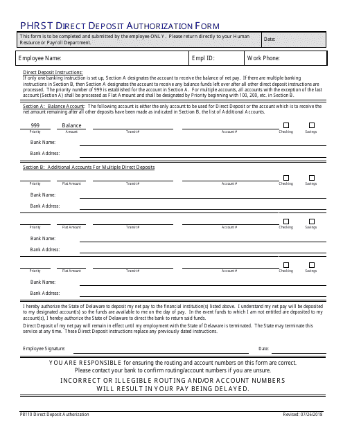 Form P8110 Phrst Direct Deposit Authorization Form - Delaware